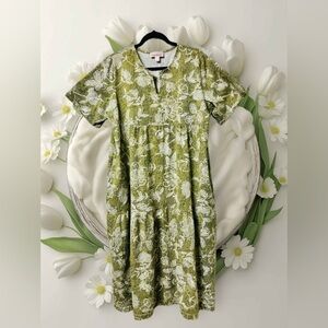 Stan Herman Olive Green Floral Notch Neck Top size Large